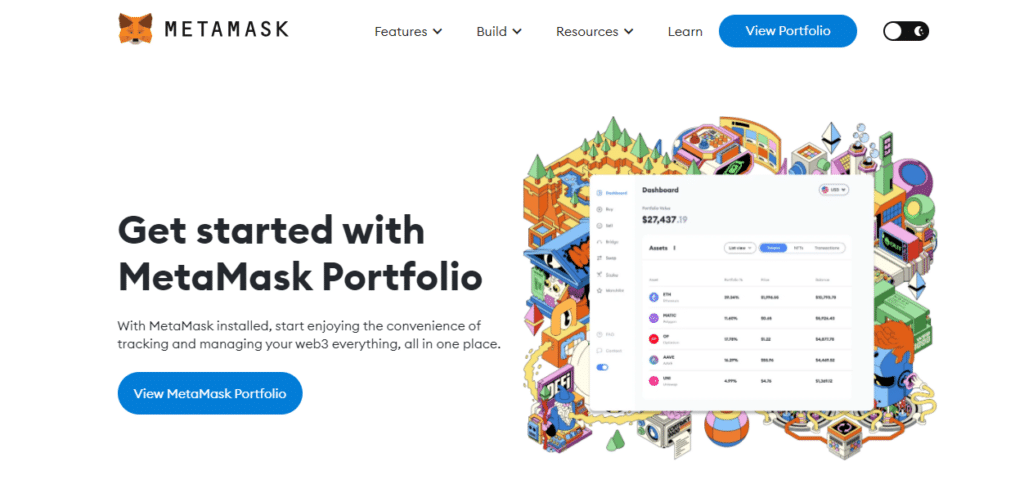 metamask screen shot of home page showing how it is a browser extension