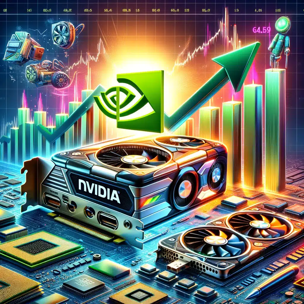 Visual representation of investing in NVIDIA stocks, showcasing an upward stock market trend, NVIDIA products like graphics cards and chips, with the NVIDIA logo highlighting investment potential in technology.