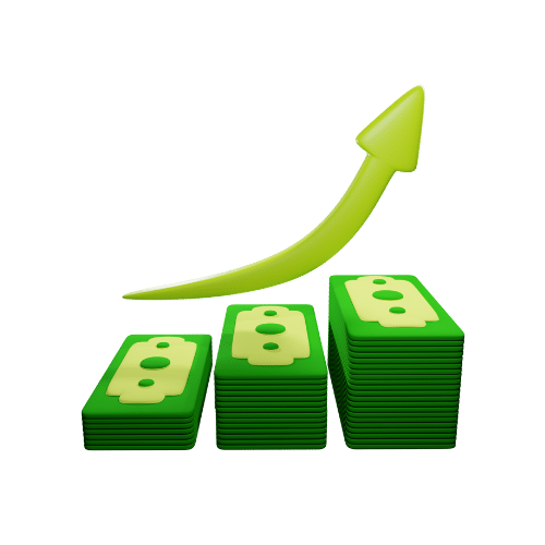 Piles of money with a green arrow pointing upwards