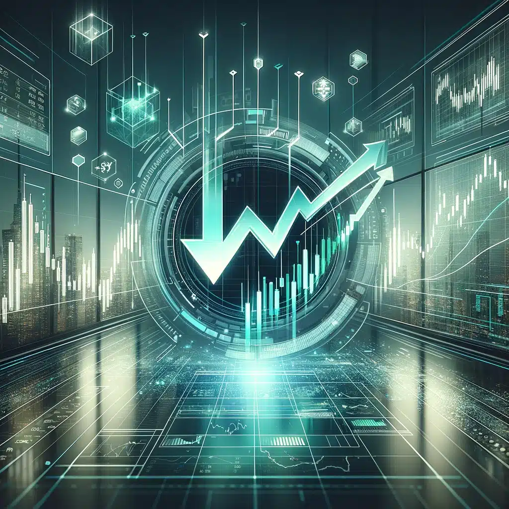 Abstract illustration of the short selling process on a digital trading platform, featuring stylized interface with downward arrows on stock charts, graphs, and numerical data, in a modern, sleek design with a green and white color scheme.