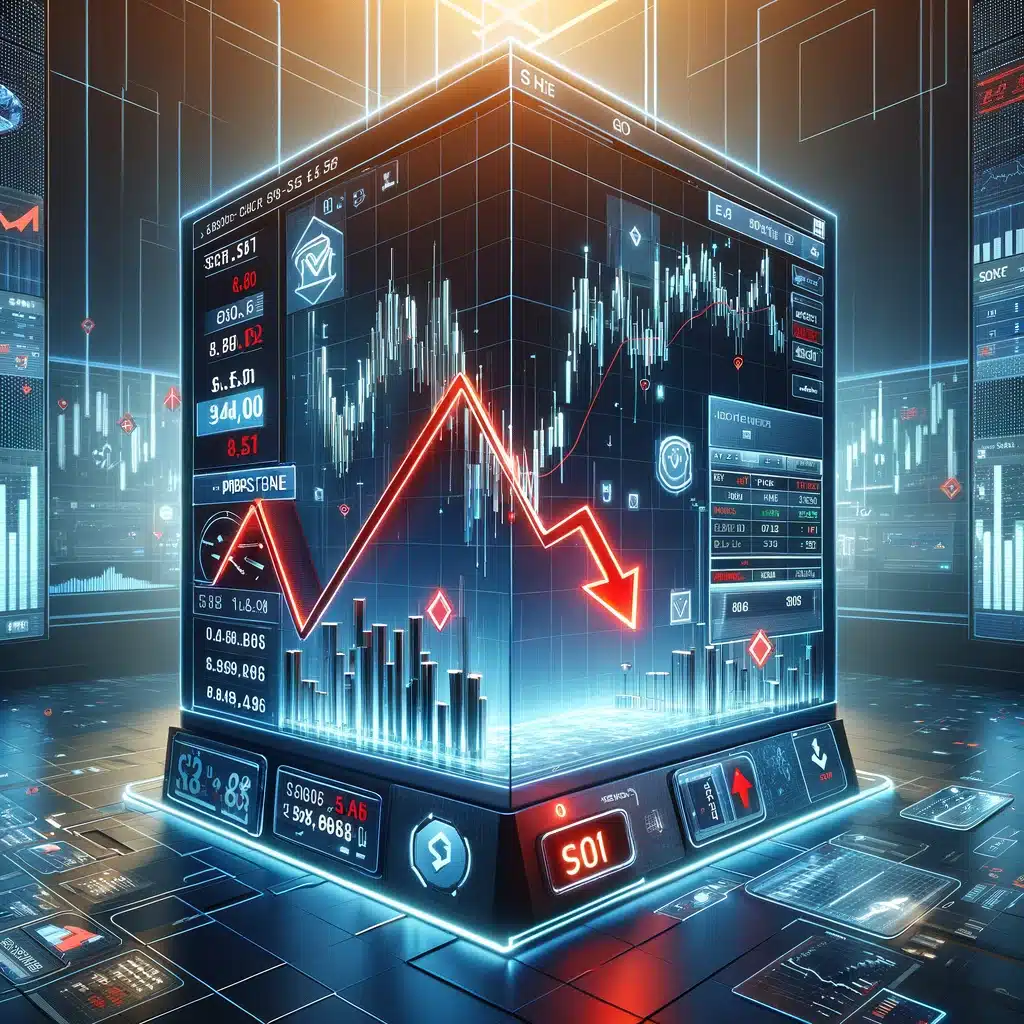 Digital interface of Pepperstone trading platform showing a downtrend stock graph with red arrows, symbolizing short selling, against a backdrop of high-tech trading environment.