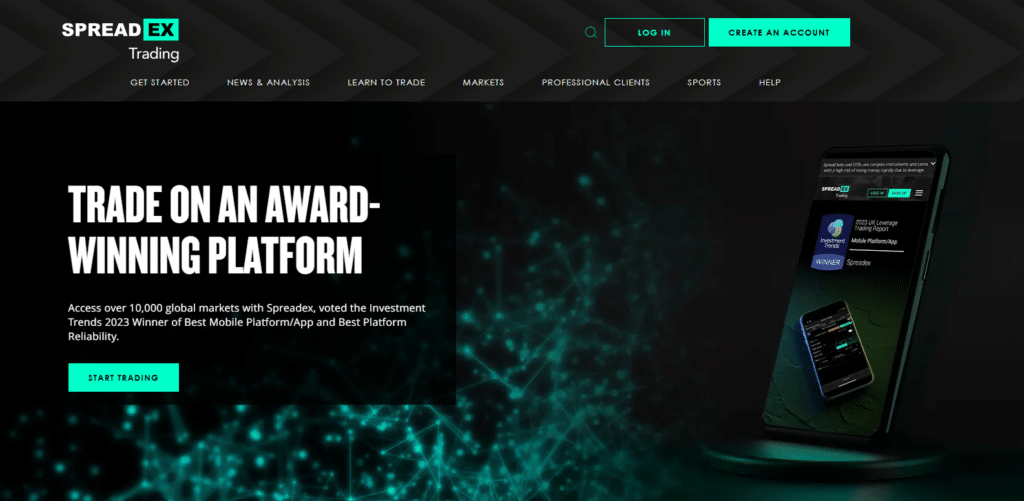 spreadex screen shot of home page showcasing CFD trading capabilities