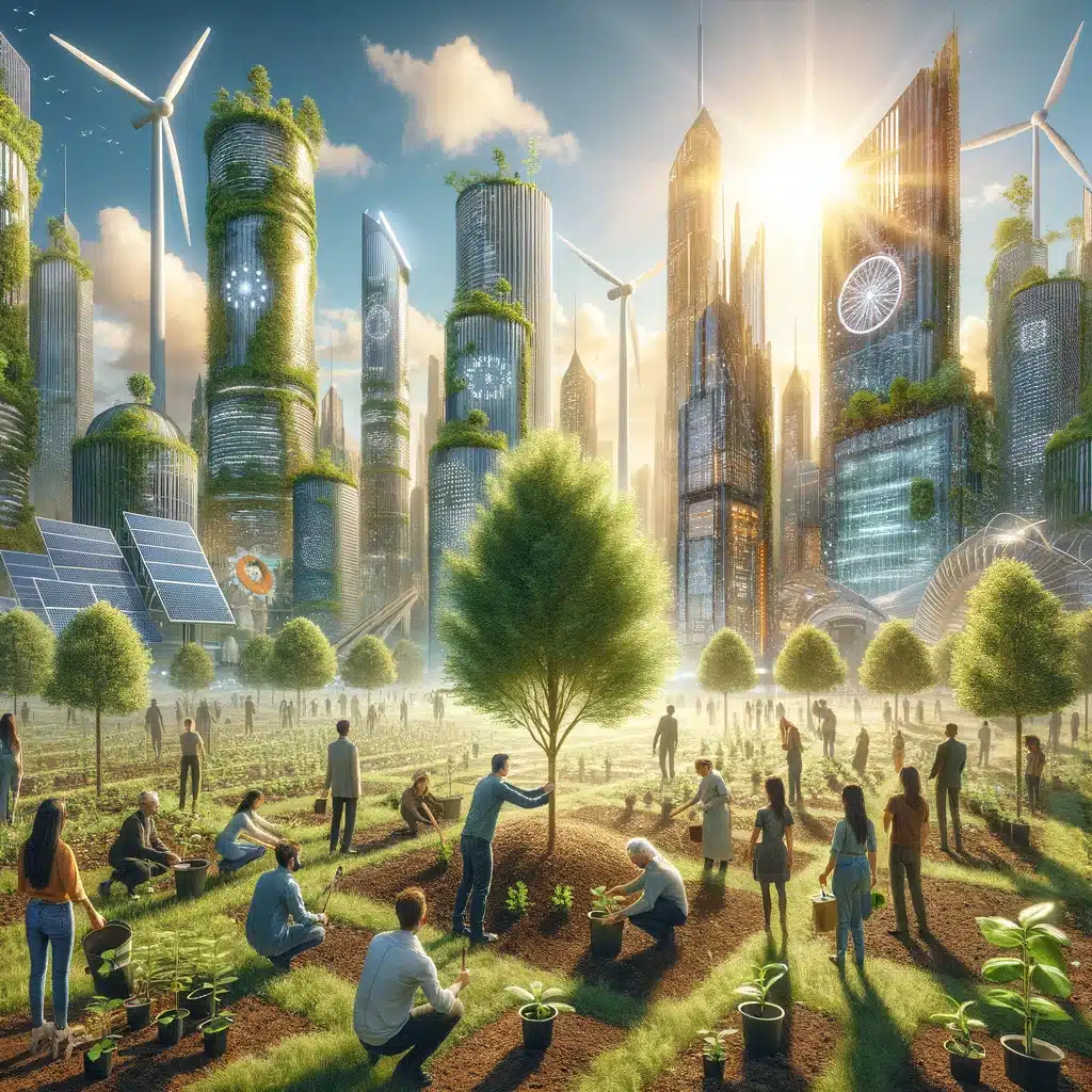 Futuristic cityscape with skyscrapers covered in greenery, solar panels, and wind turbines, showcasing sustainable investment through a diverse group of people planting a young tree in a communal garden under a bright, clear sky.