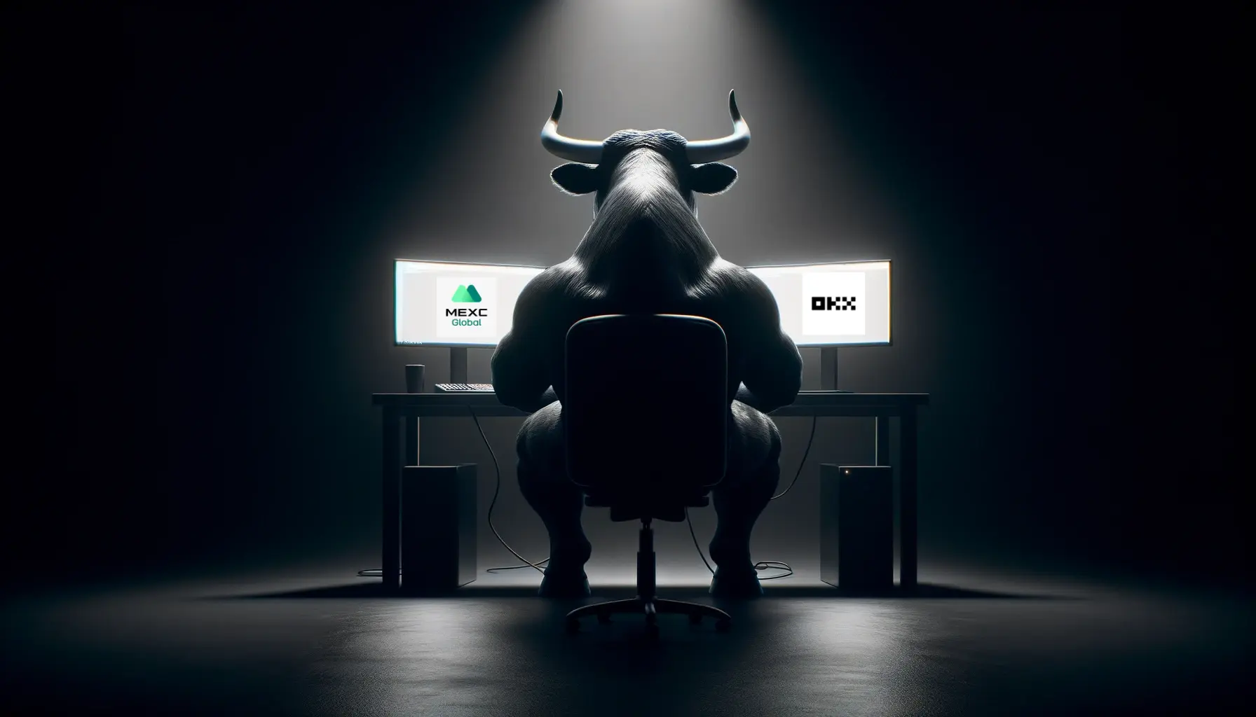 Bull at a modern workstation with dual monitors, comparing MEXC vs OKX. embodying financial market strength.