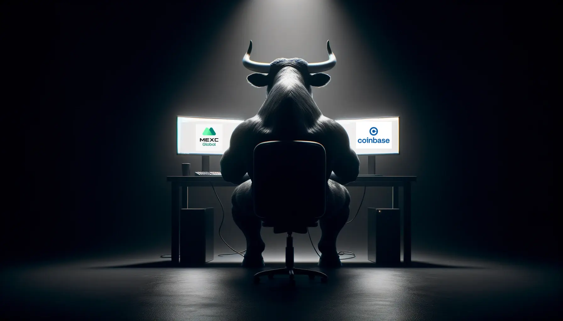 Silhouetted bull sitting at a desk with monitors displaying MEXC and Coinbase logos, symbolizing trading strength and Coinbase vs MEXC.