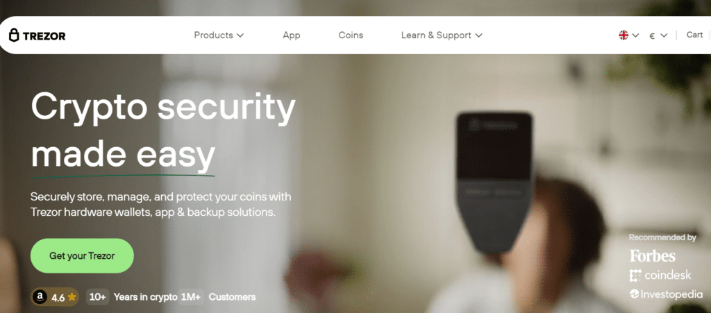 trezor home page showing off the wallet and security
