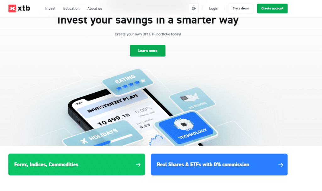 XTB home page showcasing trading platform features for forex