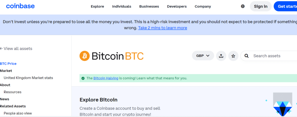 Screenshot of Bitcoin trading page on Coinbase, highlighting the buy and sell options.
