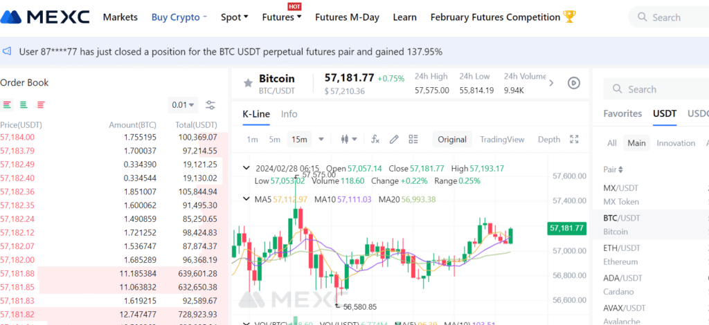 MEXC exchange Bitcoin section with detailed market charts and buy button.