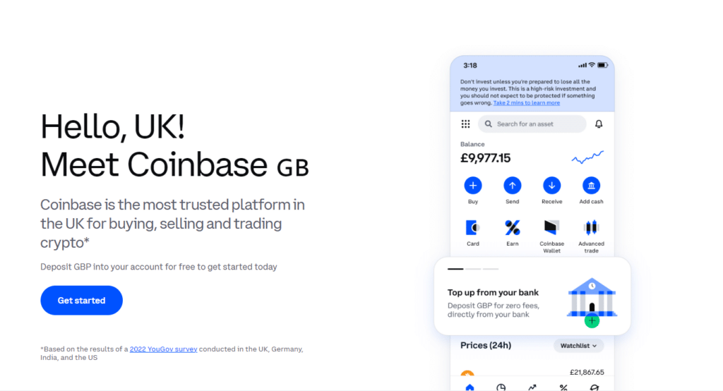 Coinbase homepage visual presenting a user-friendly interface, ideal for UK beginners starting their cryptocurrency journey