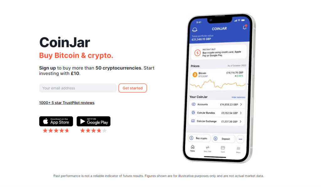 CoinJar homepage visual depicting simple and straightforward cryptocurrency transactions tailored for UK residents