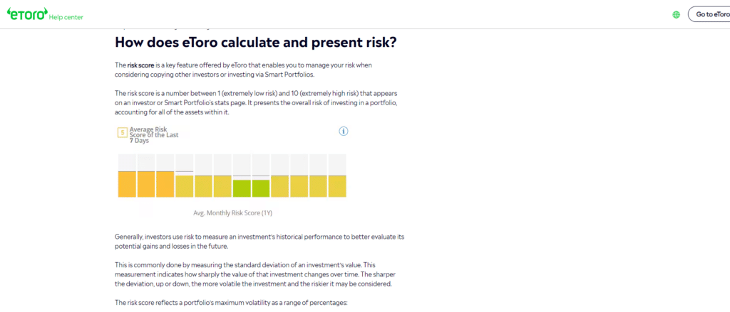 Graphic explaining eToro's risk score system to aid user investment decisions.