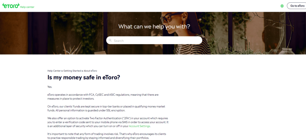 Confirmation of funds' safety on eToro, backed by top-tier bank storage and encryption."