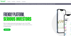 eToro trading platform screenshot showing user-friendly interface for investing in stocks, ETFs, and cryptocurrencies with social trading features