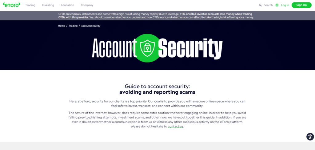 eToro's secure account features highlighted with a green security shield symbol.