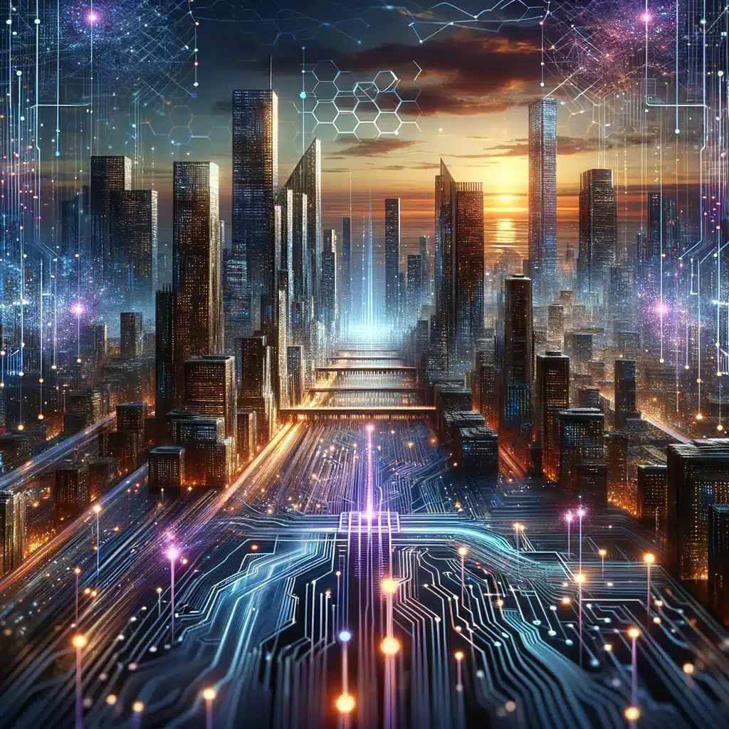 Futuristic cityscape illustrating AI's integration in finance, with digital data streams and glowing nodes symbolizing algorithmic trading advancements.