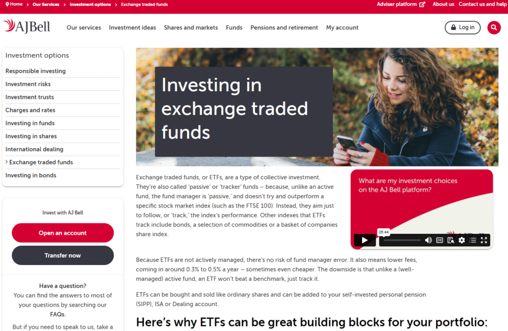 AJ Bell's ETF marketplace webpage snapshot, emphasizing their low-cost investment options, detailed fund information, and personalized investment advice for optimizing ETF portfolios.