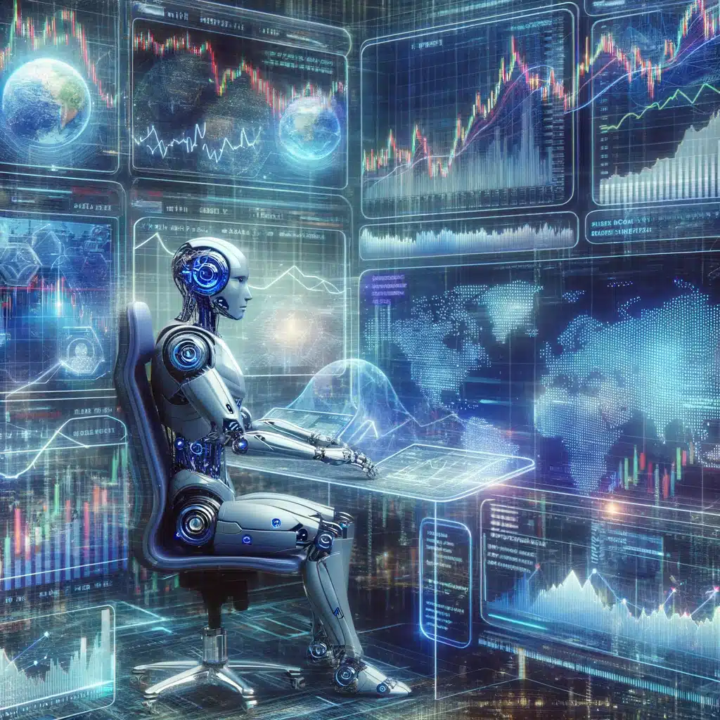 Futuristic robot at trading desk with holographic financial charts representing algorithmic trading efficiency and technology.