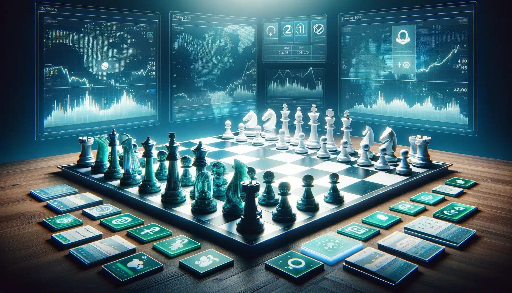 visualizing the strategic competition between 'Trading 212' and 'eToro' on a chessboard. Each side represents the unique features and ethos of the platforms through the design and color scheme of the chess pieces, set against a backdrop that subtly incorporates their logos and the dynamic world of online trading