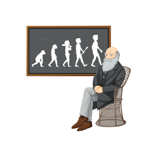 Professor sitting in front of an evolution picture