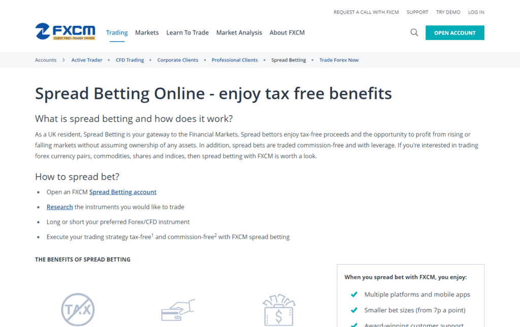 FXCM spread betting section detailing tax-free benefits of spread betting, account opening process, and research tools for Forex/CFD trading.