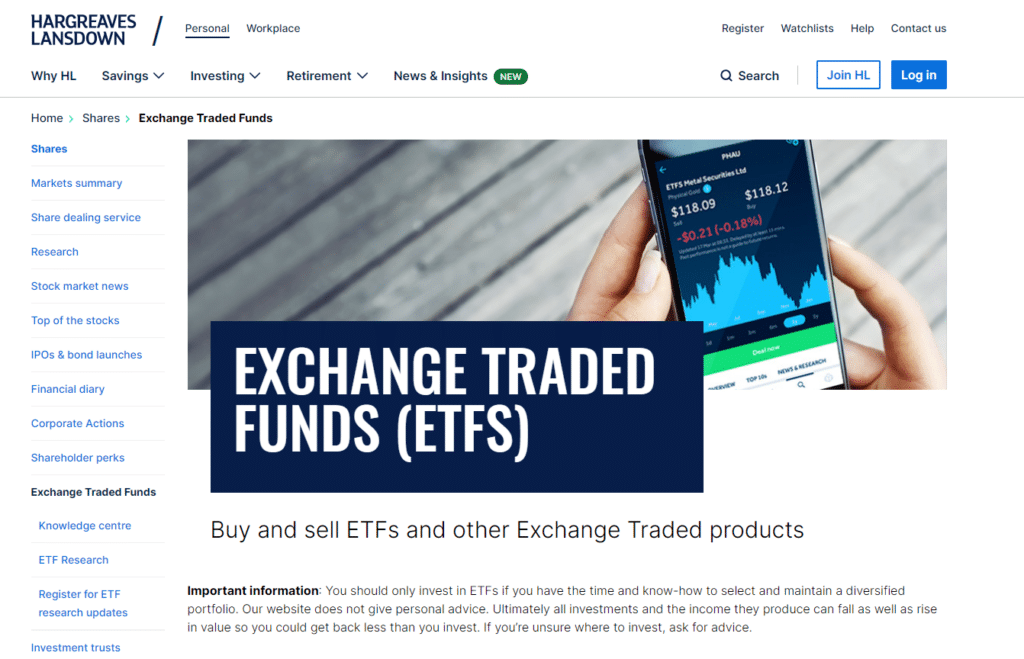Hargreaves Lansdown ETF selections page screenshot, illustrating their wealth of ETF investment choices, in-depth fund insights, and tailored investment strategies for retirement and savings.