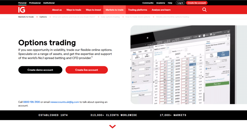 IG options trading platform overview showing flexibility and global range with demo account creation option.