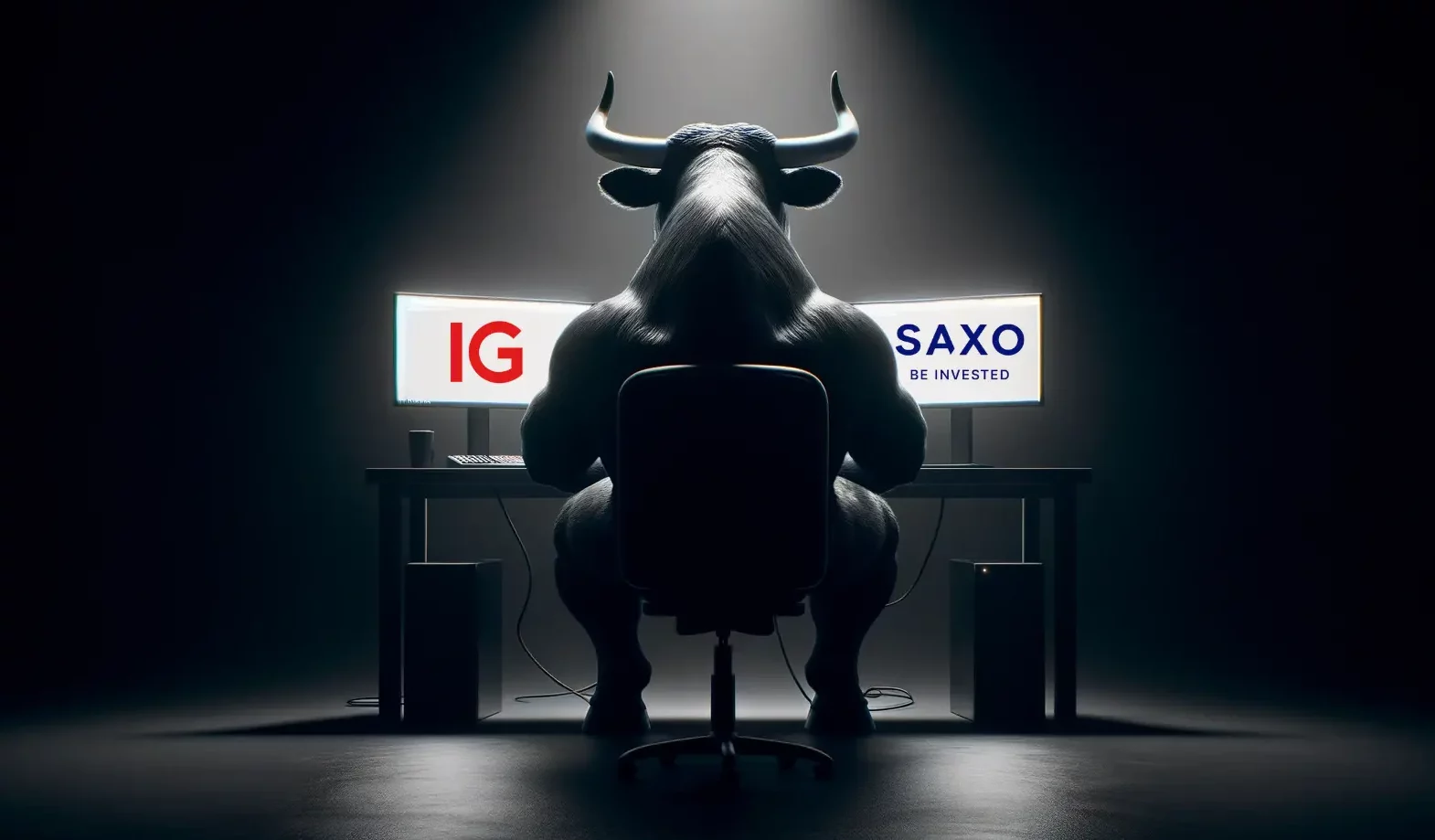 Conceptual image of a bull facing two computer monitors with 'IG' and 'SAXO' logos, symbolizing the competitive edge