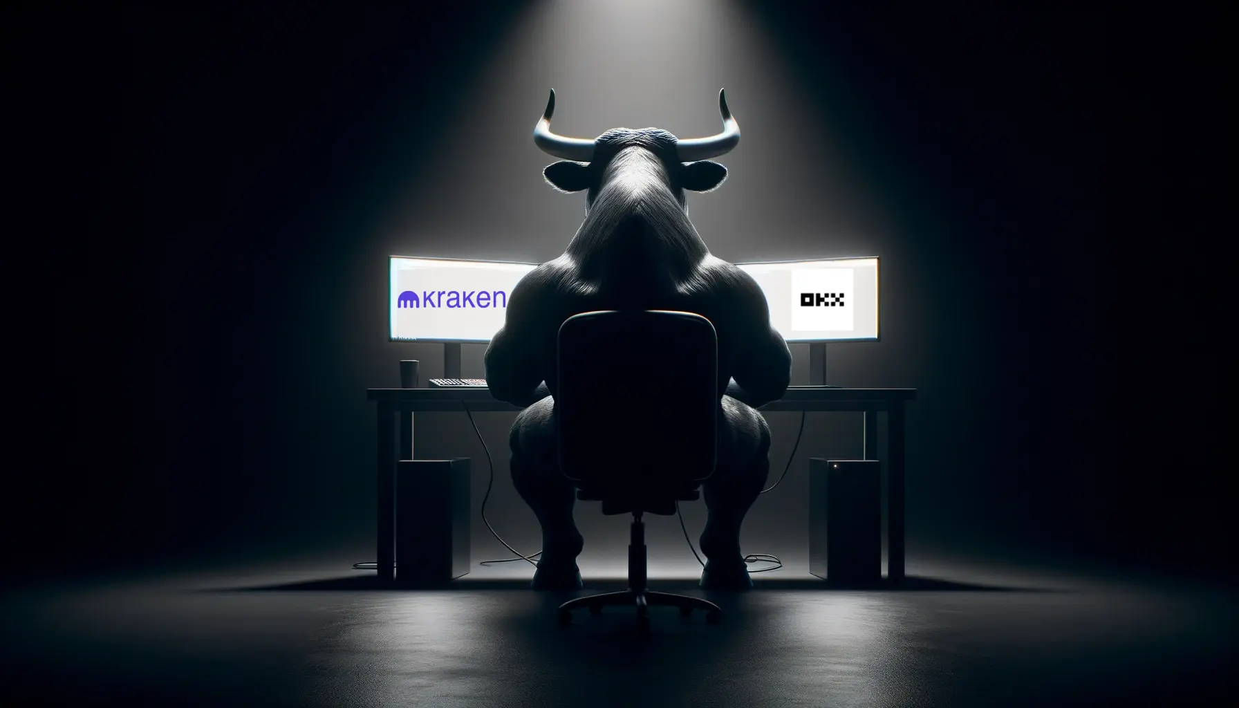 Bull silhouette facing dual monitors with logos, comparing OKX vs Kraken