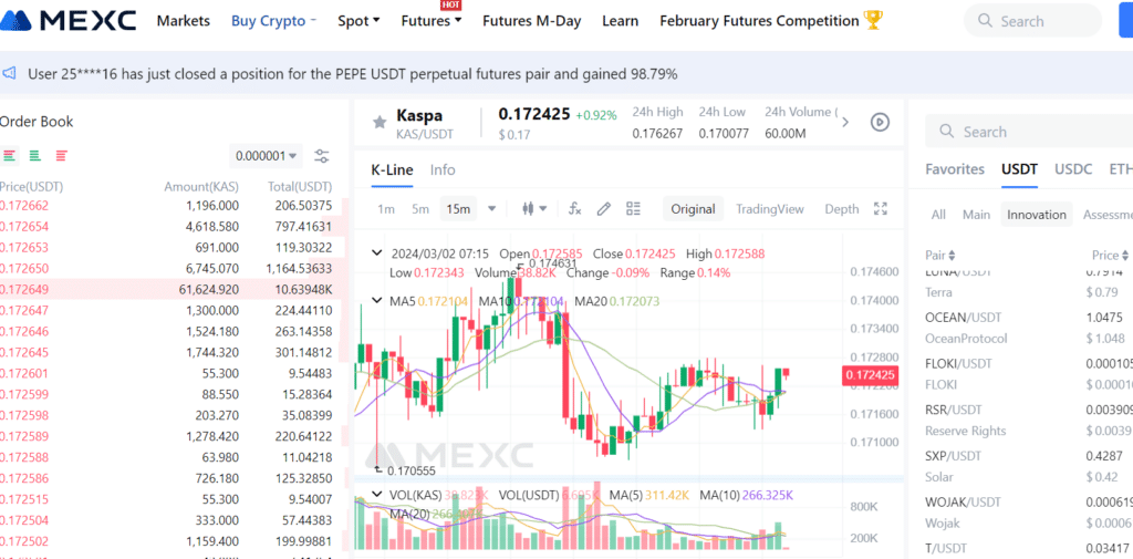 Screenshot of MEXC exchange processing a Kaspa cryptocurrency purchase, featuring user interface details and transaction status.