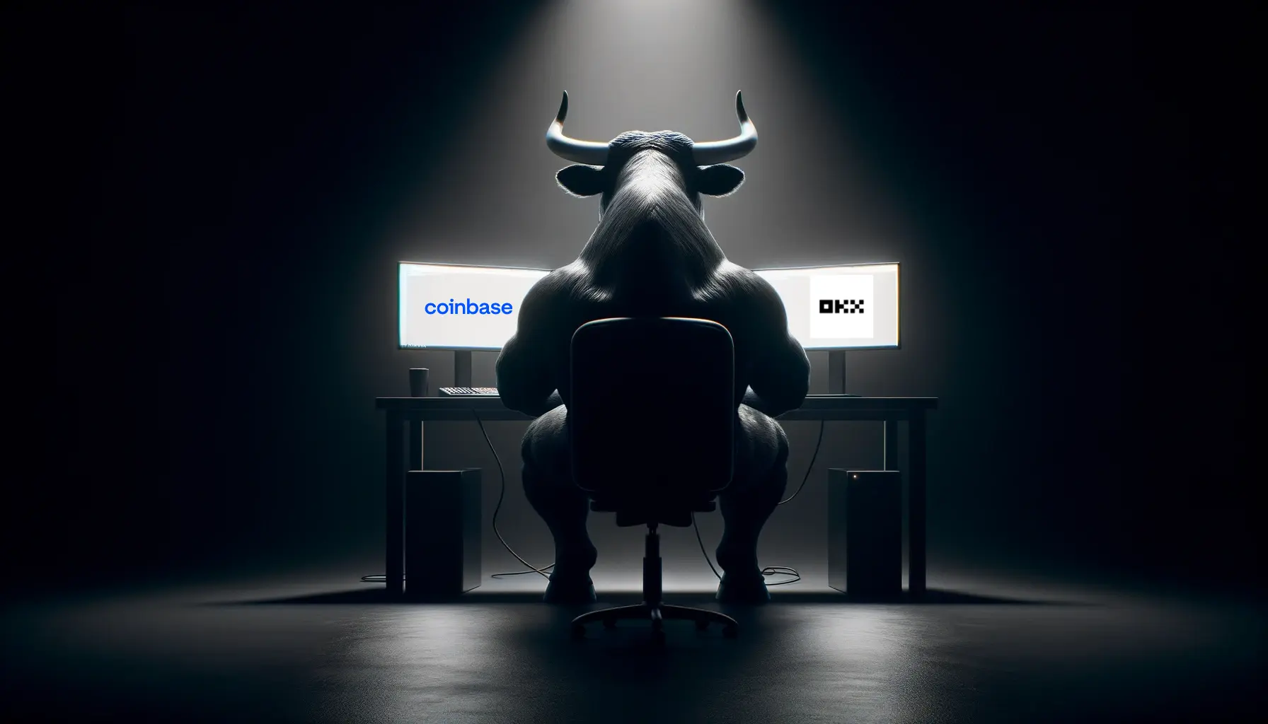 Silhouette of a bull sitting at a desk with monitors displaying crypto exchange logos, highlighting the OKX vs Coinbase comparison
