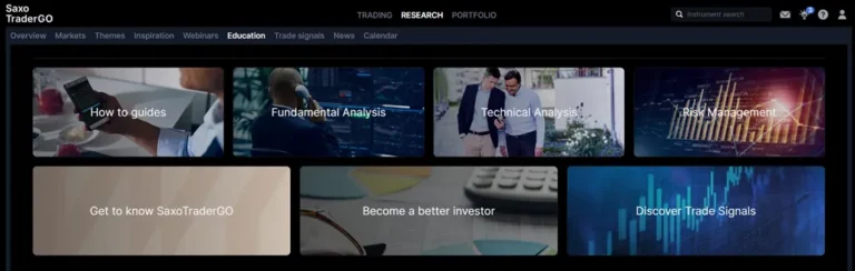 Saxo review on TraderGO education - A selection of SaxoTraderGO's educational tools such as how-to guides, fundamental and technical analysis resources