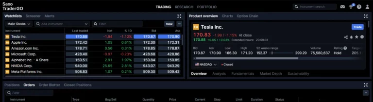 SAXO TRADER GO trading dashboard with live forex rates, stock performance graphs, and trading options.