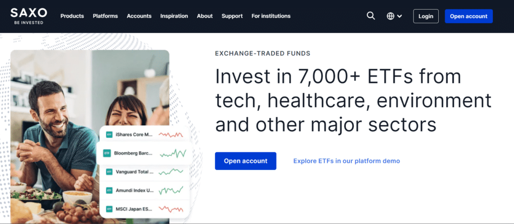 Interactive homepage of Saxo Bank showcasing investment opportunities in over 7,000 ETFs across various sectors like technology, healthcare, and environment, with a prompt to open an account or explore ETFs in a platform demo.