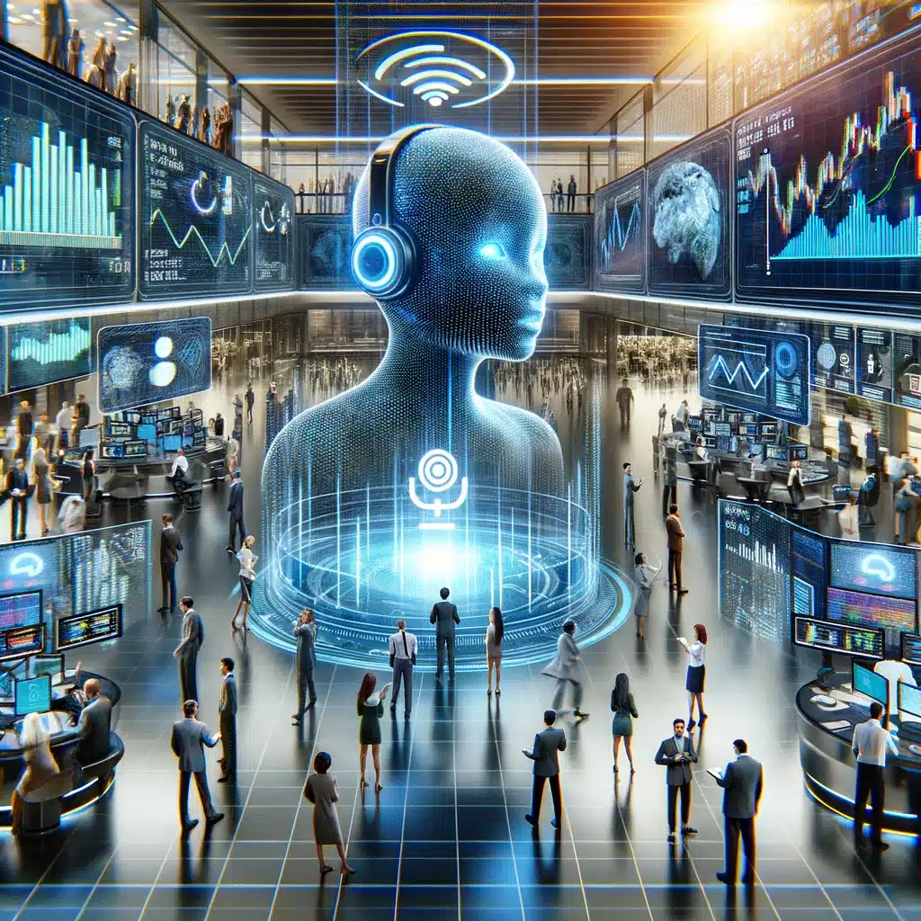 Futuristic stock market scene with investors using AI voice recognition to buy SoundHound AI Inc stocks.