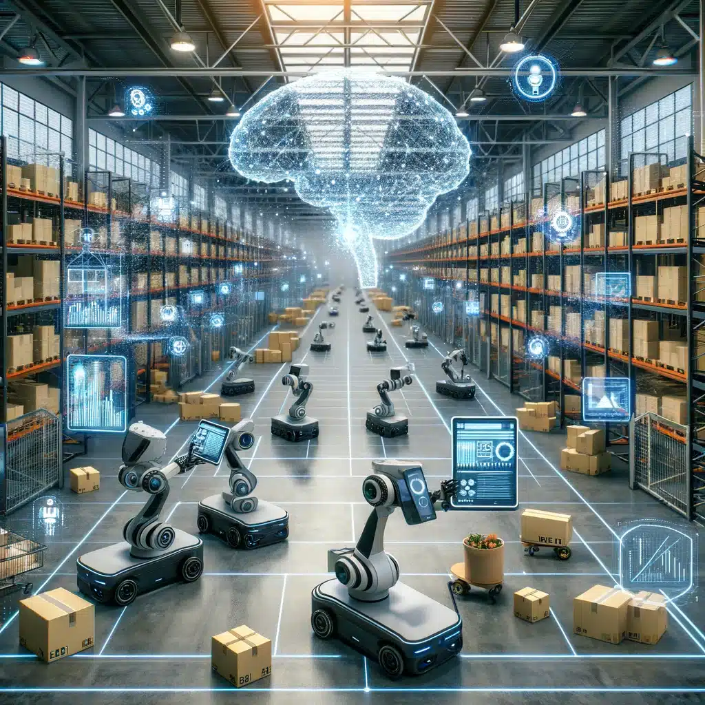 An illustrative depiction of advanced robotics and artificial intelligence systems managing and orchestrating logistics within a large, modern warehouse setting, symbolizing the innovative approach of Symbotic Inc to supply chain automation and highlighting the potential for investors looking to buy shares in cutting-edge AI supply chain technology companies.