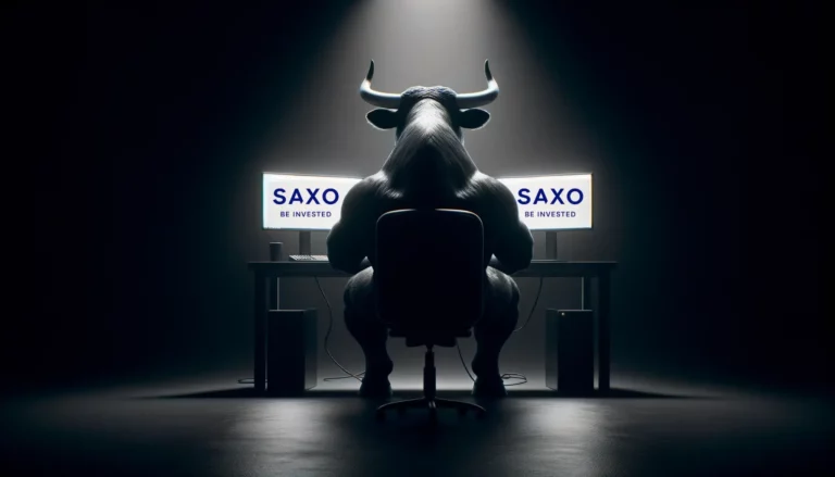 The Investors Centre Bull sitting in front of two screens reviewing saxo