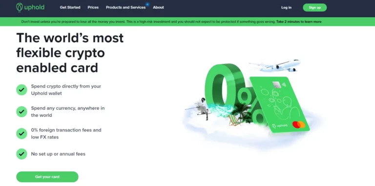 Uphold review highlights the world's most flexible crypto-enabled card, detailing benefits like direct crypto spending and zero foreign transaction fees, accompanied by a vibrant graphic.