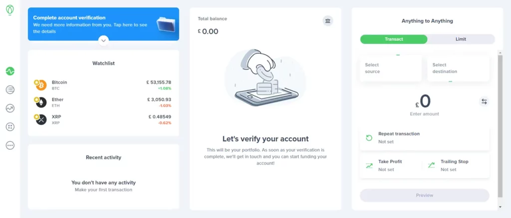 Uphold review of the dashboard prompting for account verification, displaying a watchlist with Bitcoin, Ether, and XRP prices, designed for an intuitive user experience.