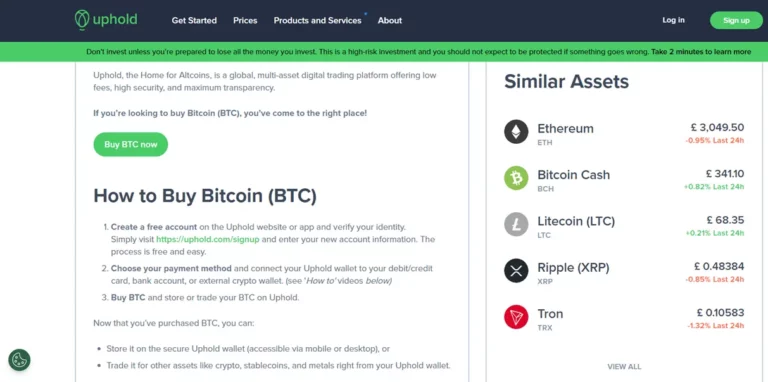Uphold screnshot explains the simple steps to buy Bitcoin on their platform, with a user-friendly interface showcasing the purchase process and related cryptocurrency prices.