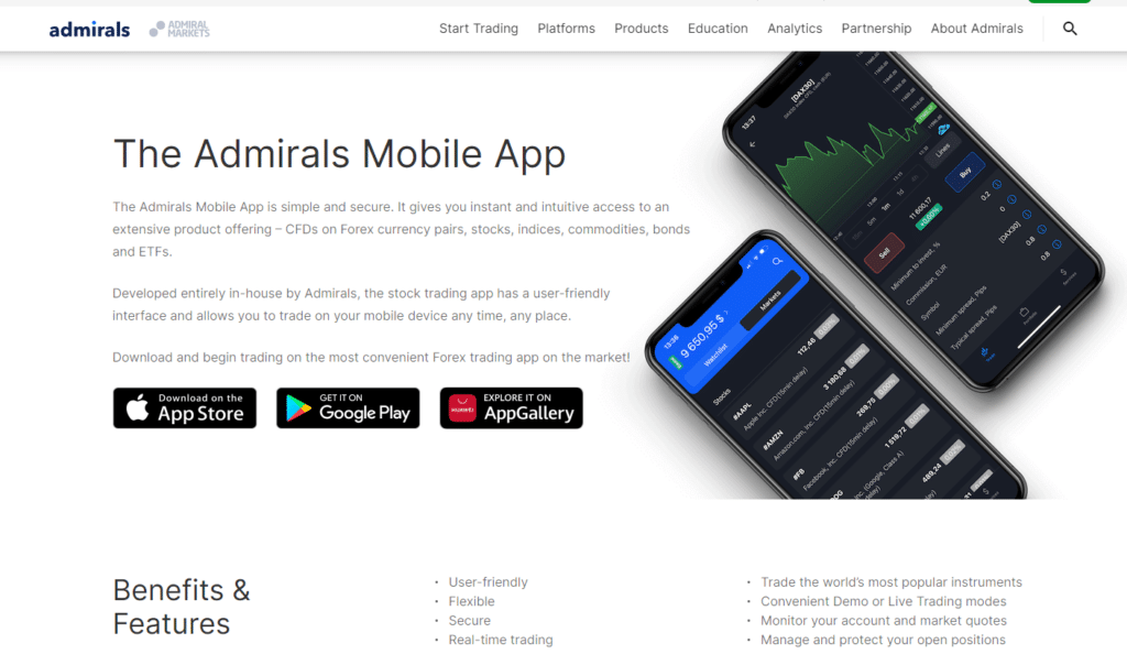 Admirals Mobile App interface on two smartphones illustrating Forex trading capabilities and app features with download options.