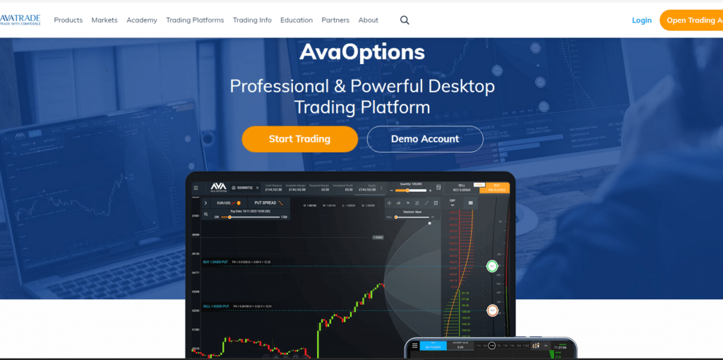 AvaTrade professional and powerful desktop trading platform display with options trading tools.
