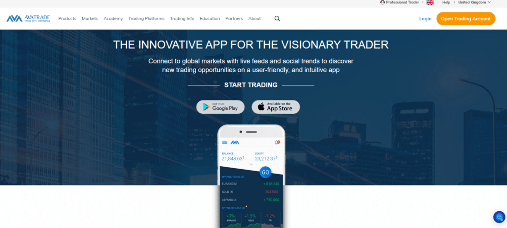 AvaTrade mobile app screen displaying live market trends for visionary traders on a cityscape background