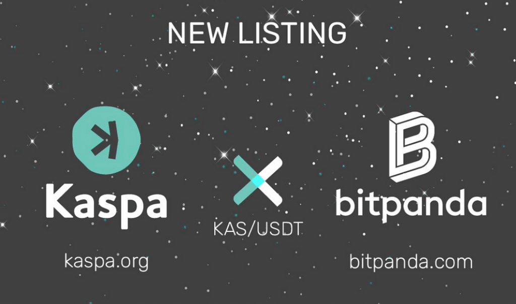 Image showing Kaspa's listing announcement on Bitpanda platform, with key details and trading options visible.
