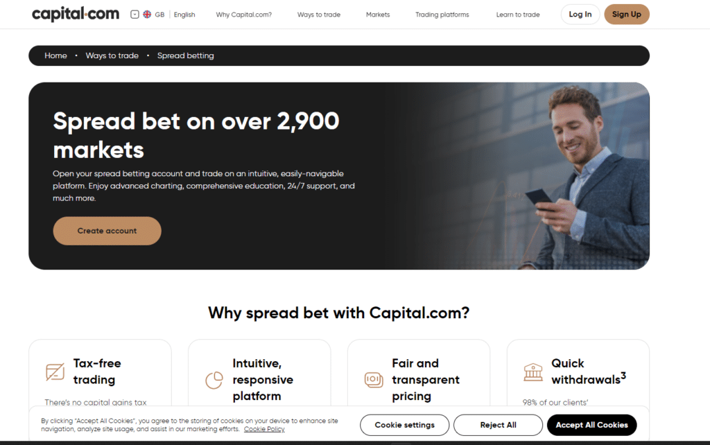 Capital.com spread betting platform page highlighting over 2,900 markets for trading, with a user-friendly interface and comprehensive education tools.