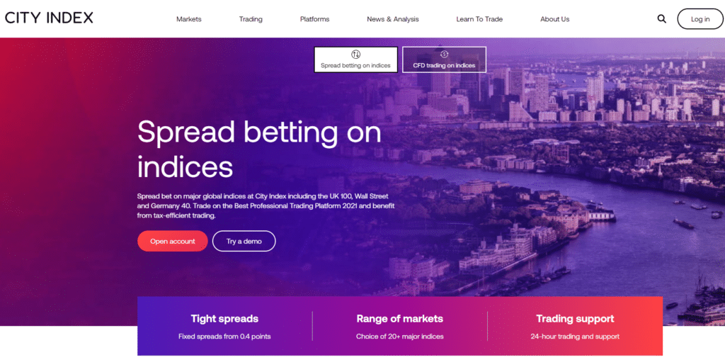 City Index landing page for spread betting on indices, highlighting tight spreads, a range of markets, and trading support with London skyline background.