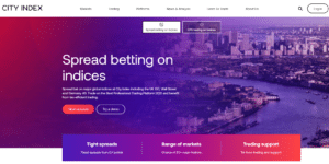City Index landing page for spread betting on indices, highlighting tight spreads, a range of markets, and trading support with London skyline background.