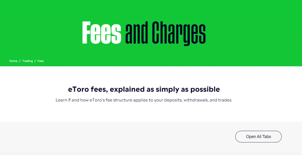 eToro fees and charges guide page, offering clear information on how their fee structure applies to trades, deposits, and withdrawals.