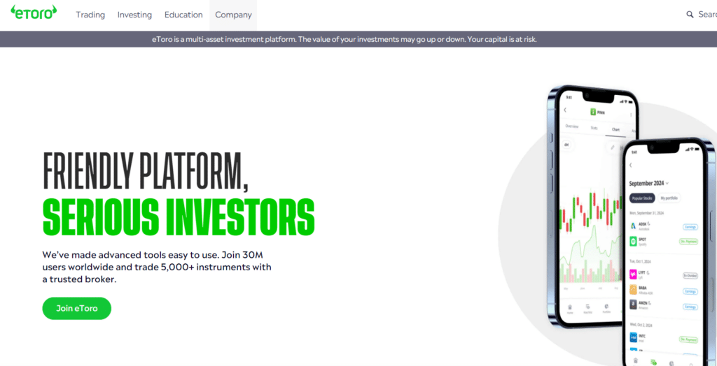 eToro's homepage with a call-to-action button, emphasizing their friendly platform for serious investors and showcasing the mobile app interface.
