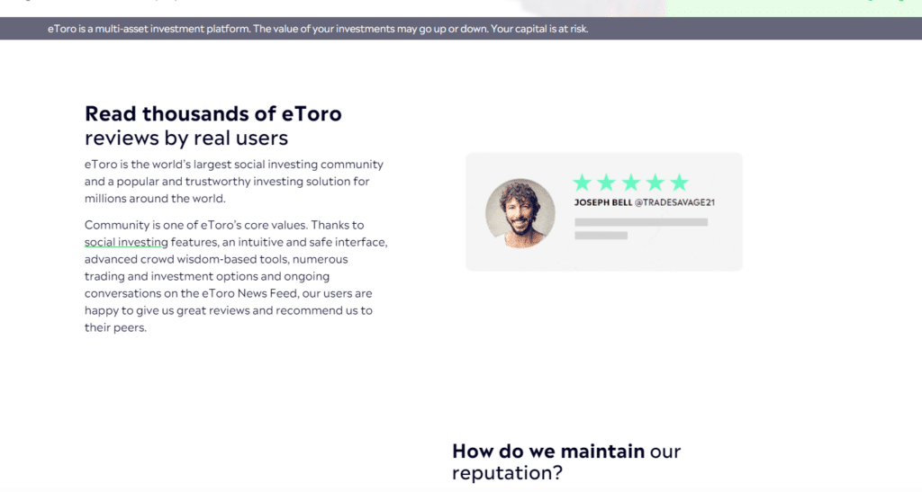 User review section on eToro's website highlighting positive customer experiences and the social aspect of the world's largest trading community